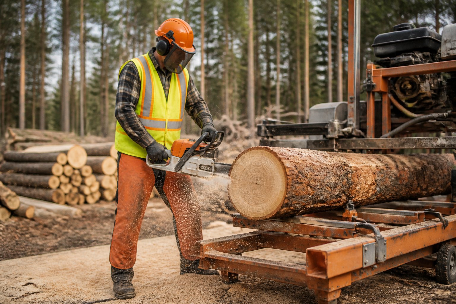 A person wearing full protective gear operating a chainsaw sawmill outdoors surrounded by logs and forest.