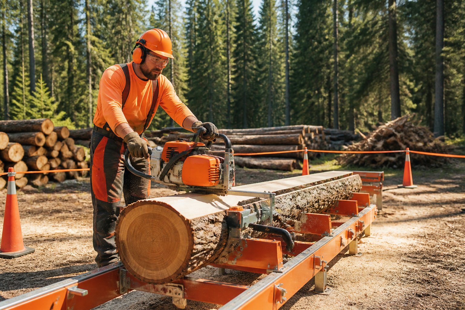 A worker wearing protective gear operating a chainsaw sawmill outdoors in a clean, organized forest worksite.