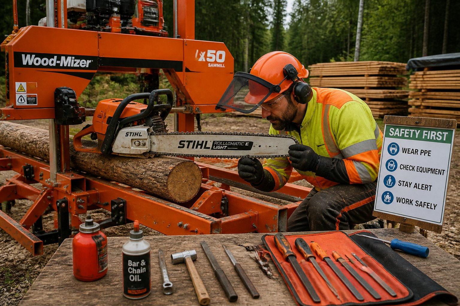 Person wearing protective gear inspecting a chainsaw sawmill outdoors with stacked lumber and maintenance tools nearby.