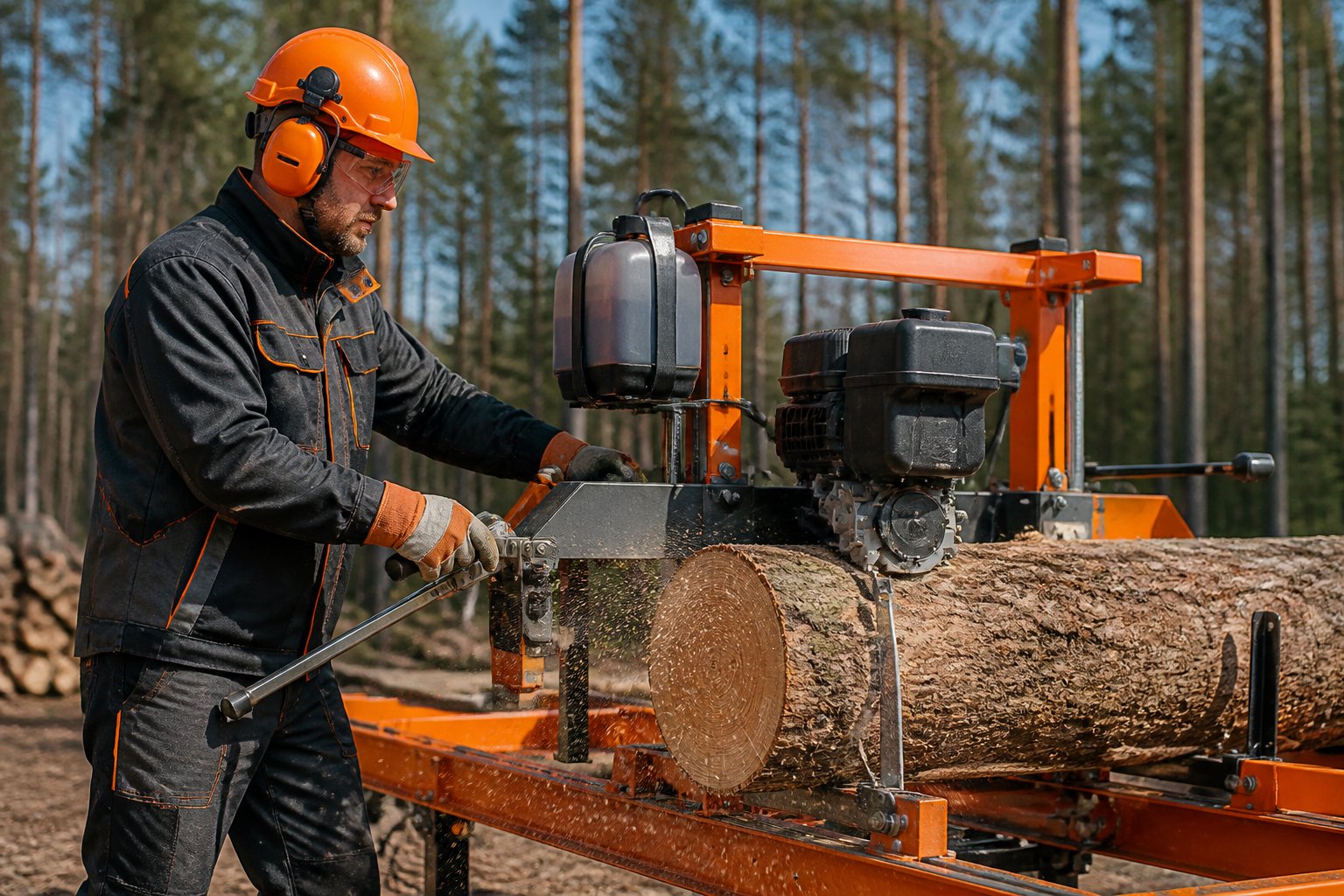 A man wearing safety gear operating a chainsaw sawmill cutting a large log in a forest.
