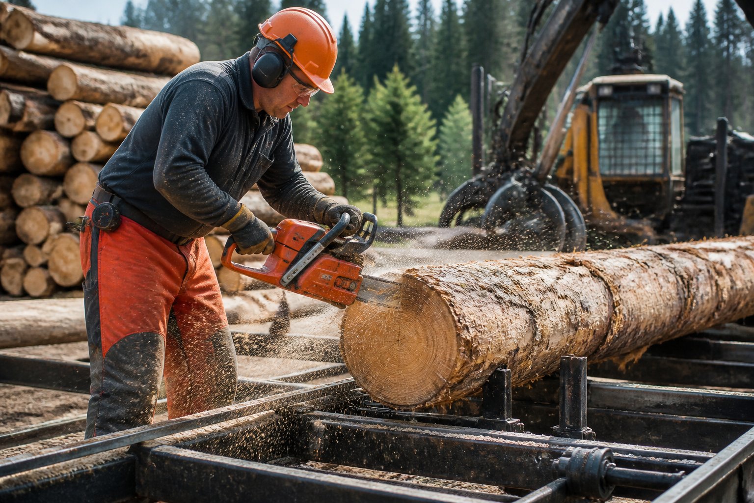 A worker wearing safety gear using a chainsaw sawmill to cut a large log outdoors with stacked logs and machinery nearby.