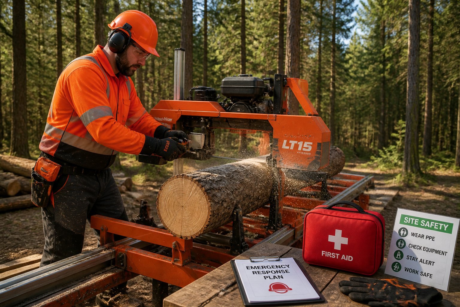 A man wearing safety gear operating a chainsaw sawmill outdoors with a first aid kit nearby.