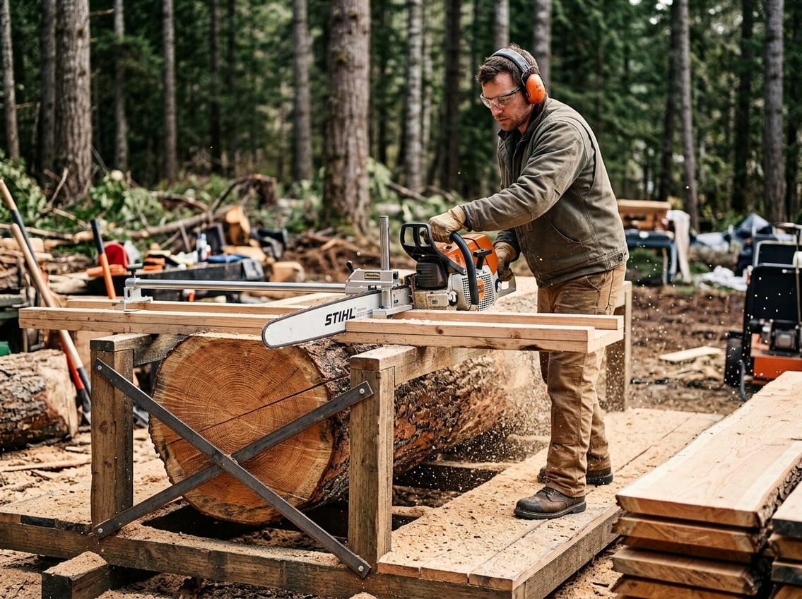 A person using a chainsaw with a long guide bar to mill a large log outdoors, surrounded by wood chips and sawdust.