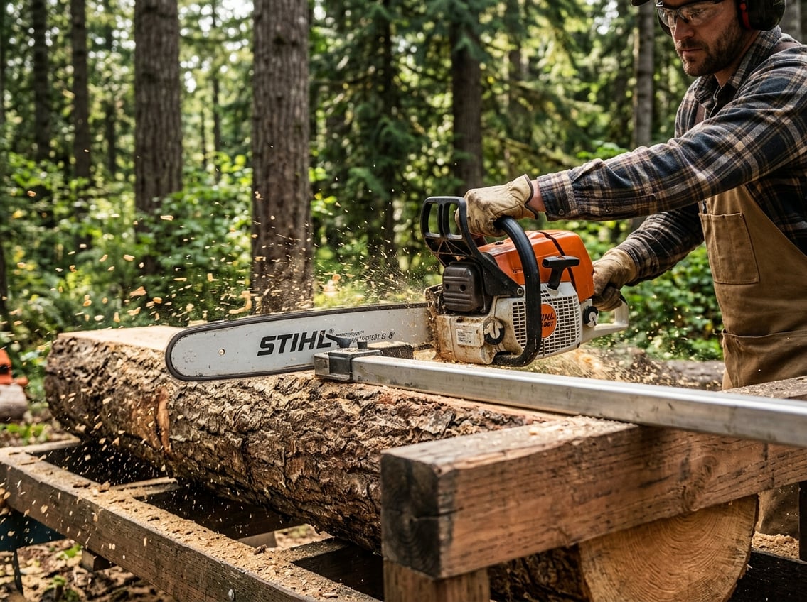 A chainsaw cutting through a large log on a sawmill bench outdoors with wood chips flying and trees in the background.