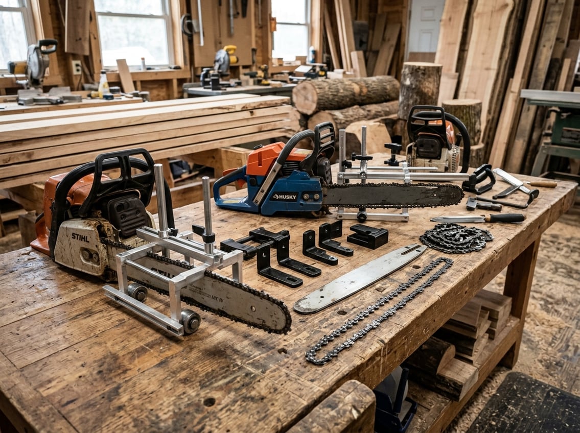 Close-up of chainsaws and milling attachments arranged on a wooden workbench with stacks of lumber in the background.