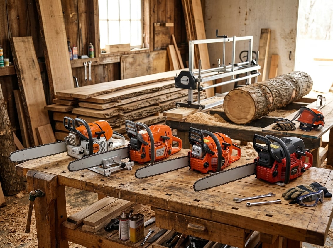 A variety of chainsaws displayed on a wooden workbench in a workshop with freshly cut lumber in the background.