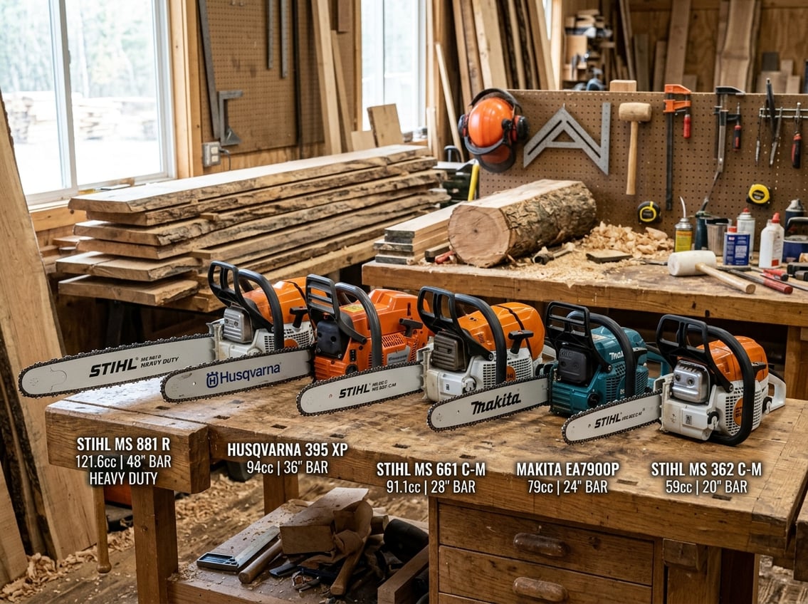 Several chainsaws displayed on a wooden workbench in a workshop with cut lumber and woodworking tools in the background.