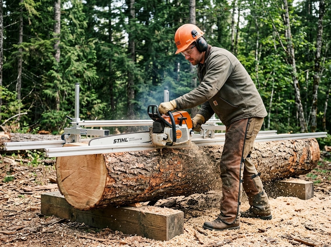 A worker wearing protective gear operates a chainsaw milling machine cutting a large log into lumber outdoors.