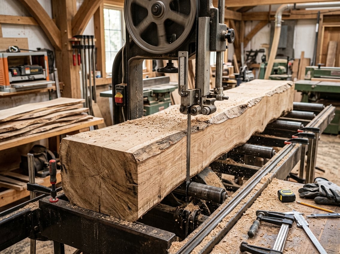 Close-up of a bandsaw mill cutting a piece of wood with wavy edges in a woodworking workshop.