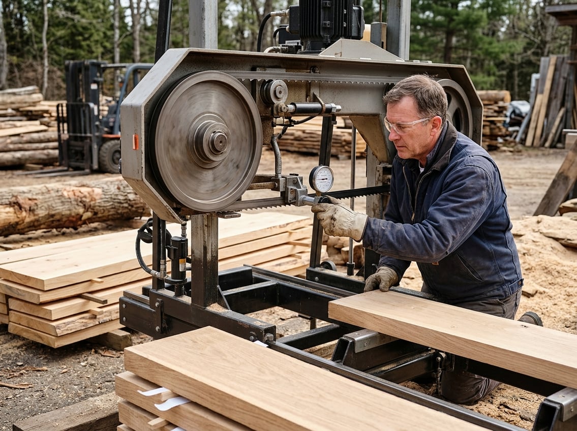 A person adjusting the blade tension on a bandsaw mill to improve the quality of wood cuts.