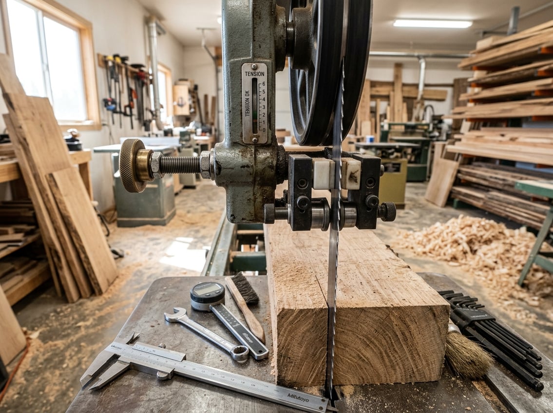 Close-up of a bandsaw mill blade cutting through wood with tools nearby for blade adjustment in a woodworking workshop.