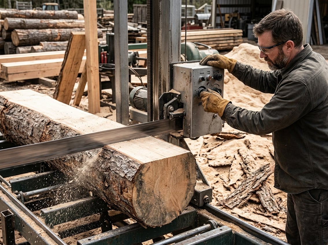 Close-up of a person adjusting controls on a bandsaw mill while cutting a large log in a woodworking environment.