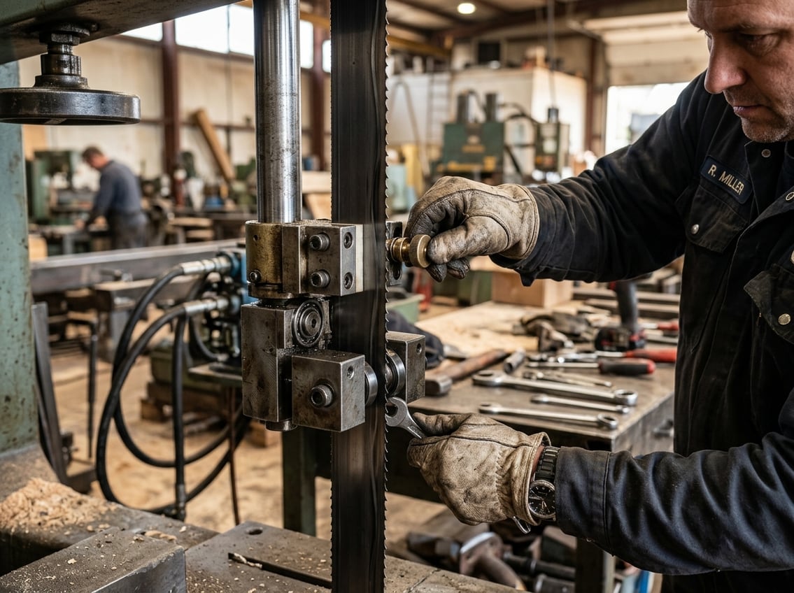 Hands adjusting the blade guide on a bandsaw mill to fix wavy cuts in a workshop.