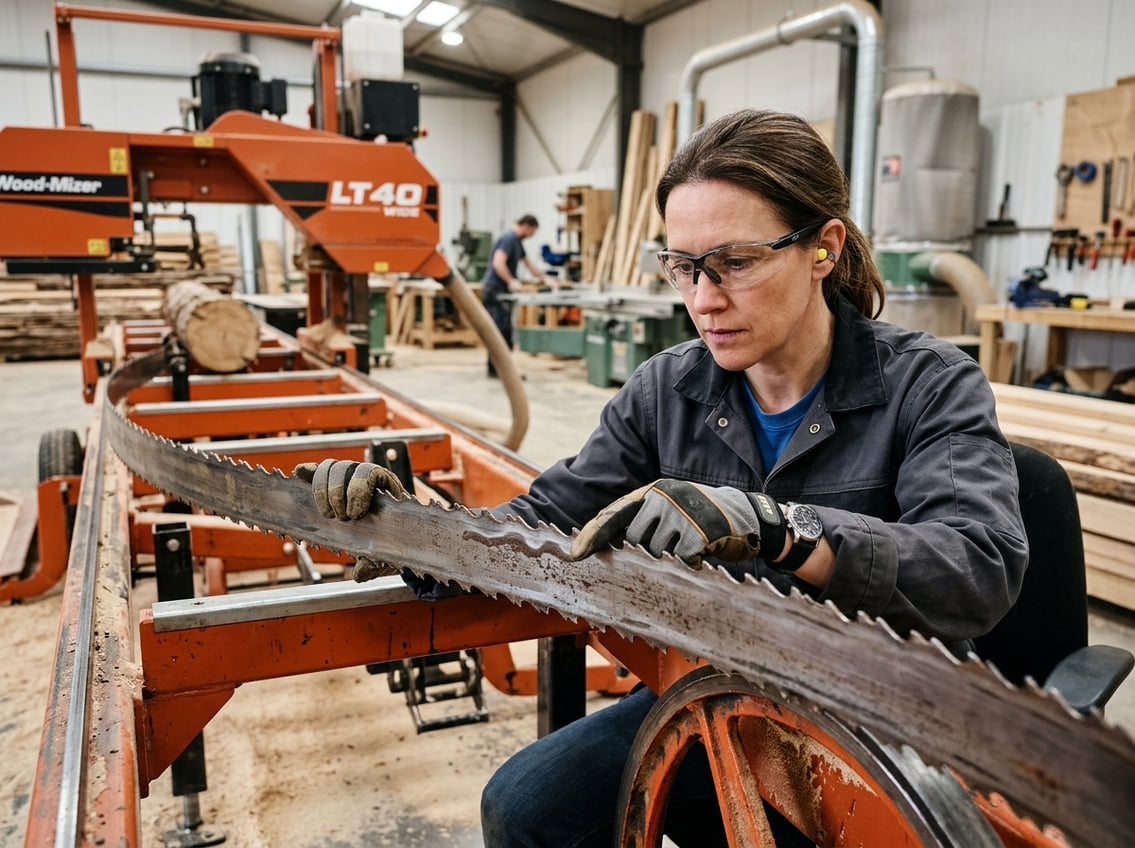Technician inspecting a bandsaw mill blade with wavy cuts in a workshop.