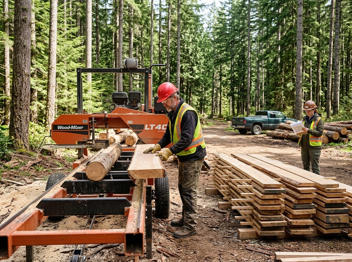 A small sawmill operator inspecting lumber in a forest with an inspector reviewing documents nearby.