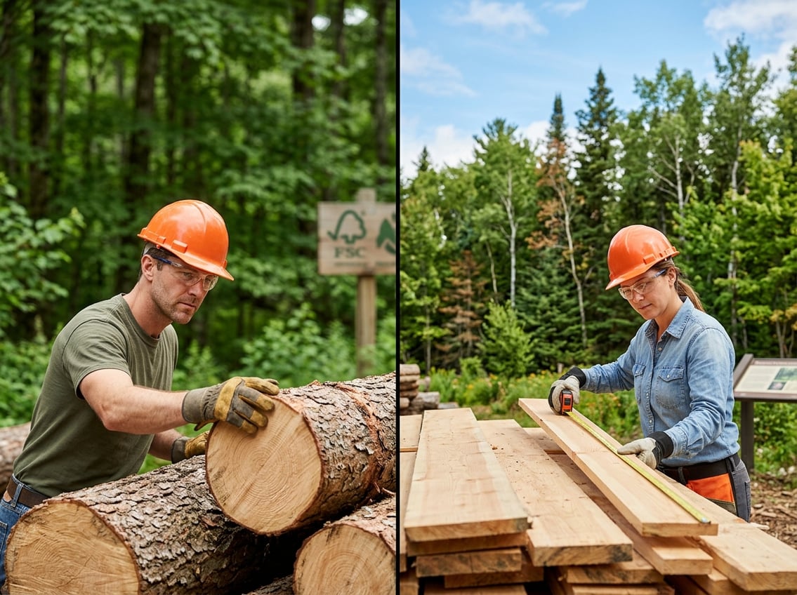 Two sawmill workers inspecting timber in forested environments representing sustainable forestry certifications.
