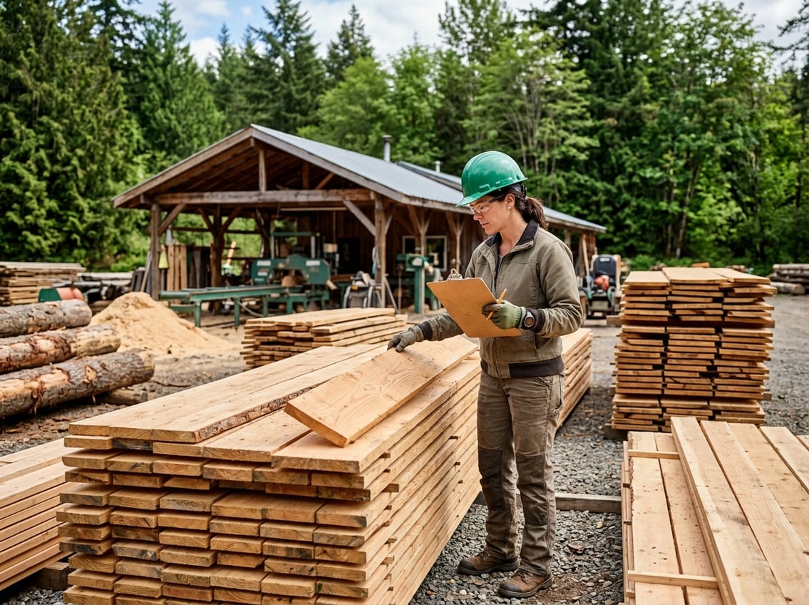 A small sawmill operator wearing safety gear inspects stacks of freshly cut lumber outdoors near a sawmill building surrounded by trees.