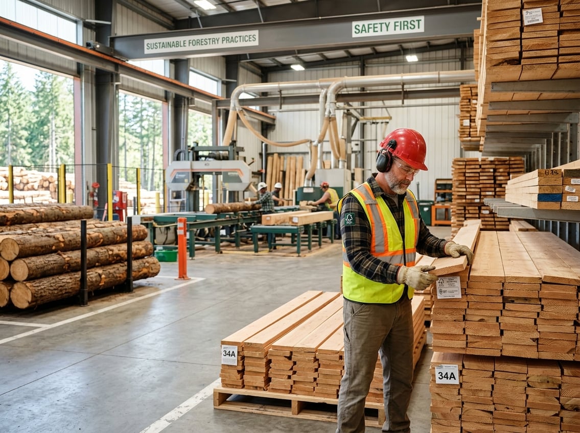 A sawmill worker wearing safety gear inspects stacked lumber inside a clean, well-lit sawmill with woodworking machinery in the background.