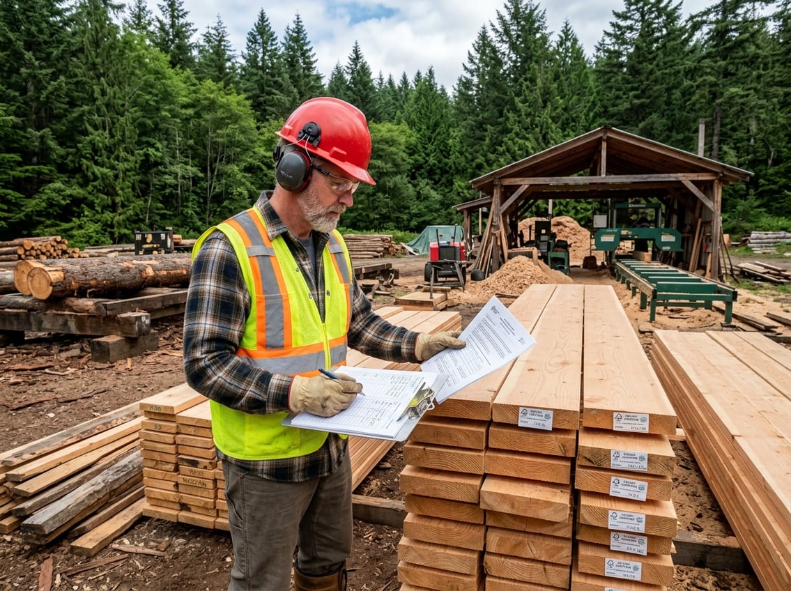 A small sawmill operator wearing safety gear inspects stacks of lumber outdoors near a sawmill facility surrounded by forest.