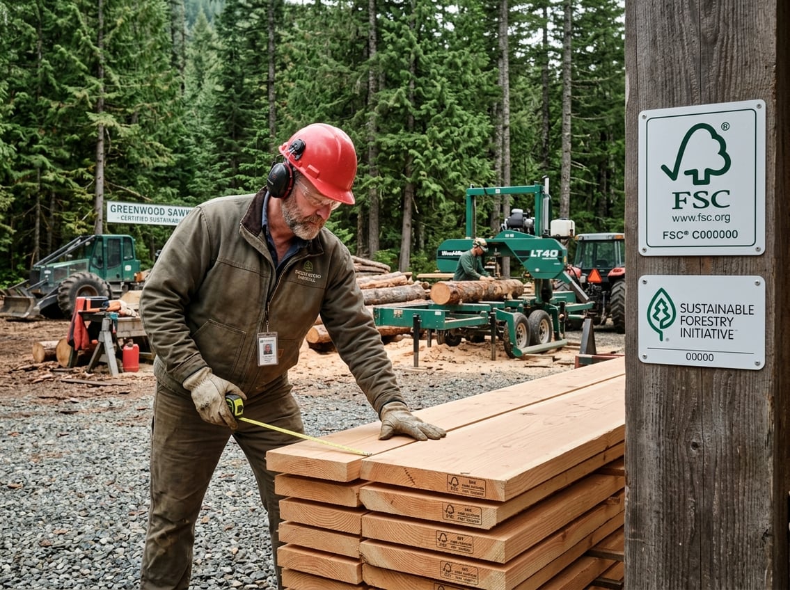 A small sawmill operator wearing safety gear inspects wooden planks near a sawmill with logs and a healthy forest in the background.