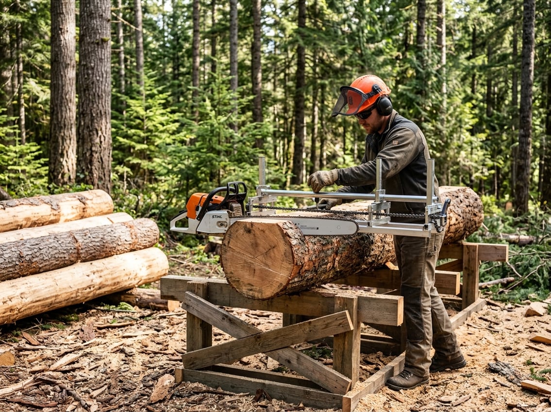 A person wearing protective gear setting up an Alaskan chainsaw mill on a large log outdoors in a forested area.