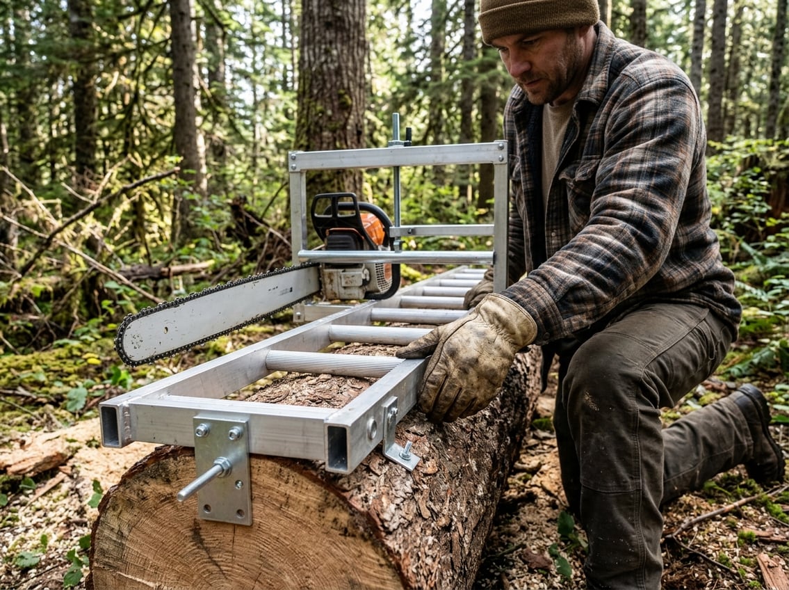 A person setting up a guide rail on a log in a forest, preparing an Alaskan chainsaw mill for the first cut.