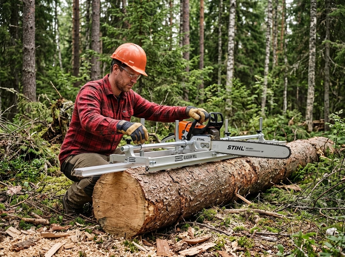 A person setting up an Alaskan chainsaw mill on a large log in a forest.