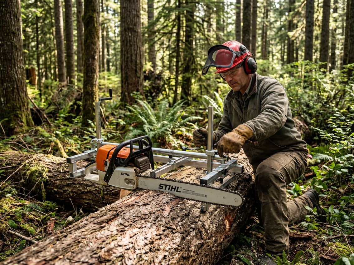 Person wearing safety gear setting up an Alaskan chainsaw mill on a large fallen log in a forest.