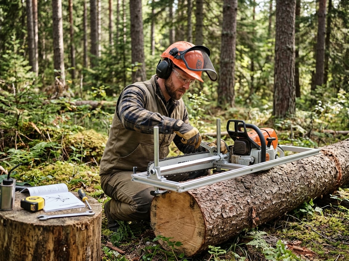 Person wearing safety gear setting up an Alaskan chainsaw mill on a large log in a forest clearing.