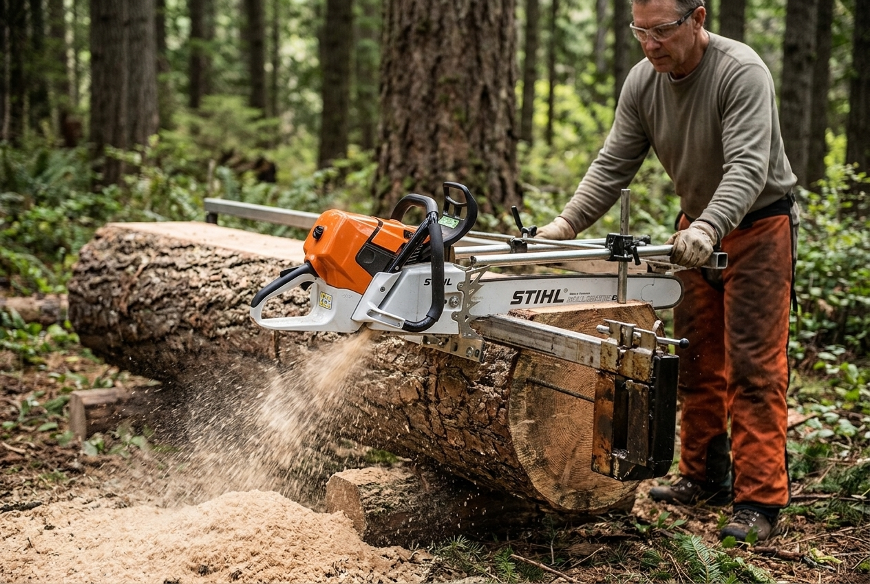 Stihl chainsaw on an Alaskan mill making the first cut on a log