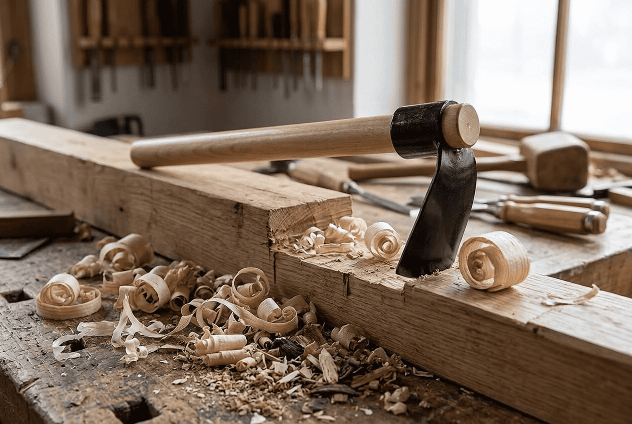 Woodworking adze with its cutting blade set perpendicular to the handle on a hewn beam