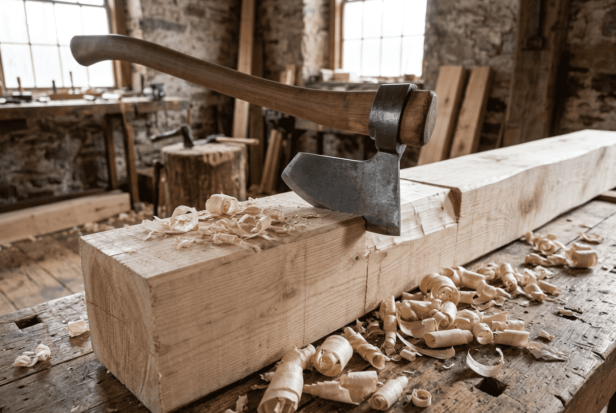 Broad hewing axe with a wide flat asymmetric blade resting on a squared timber beam
