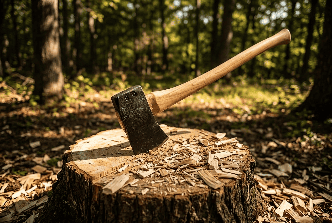 Single-bit felling axe buried blade-first in a tree stump in a sunlit forest clearing