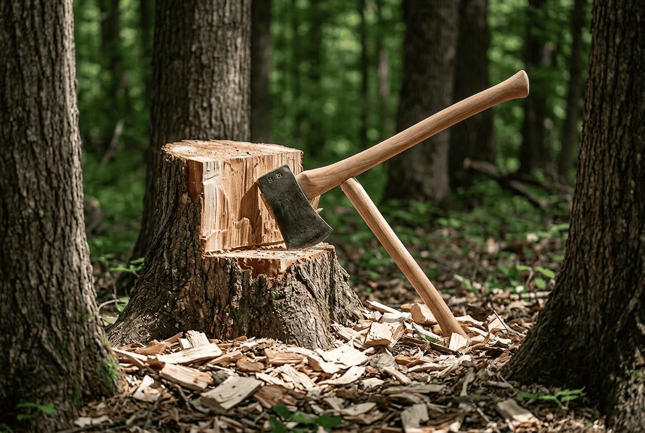 Single-bit felling axe set in a freshly cut tree stump in the woods