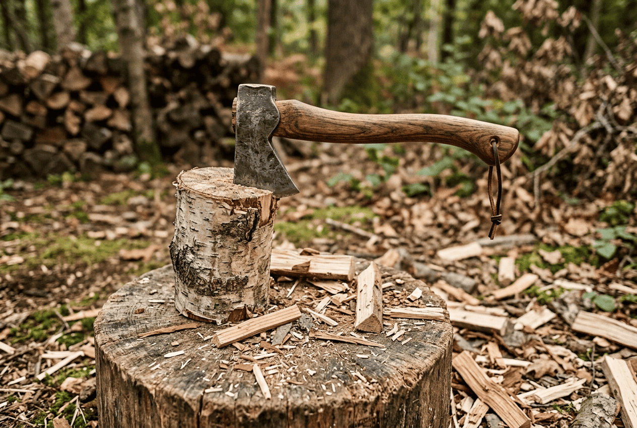 Small one-handed hatchet embedded in a short log on a chopping block