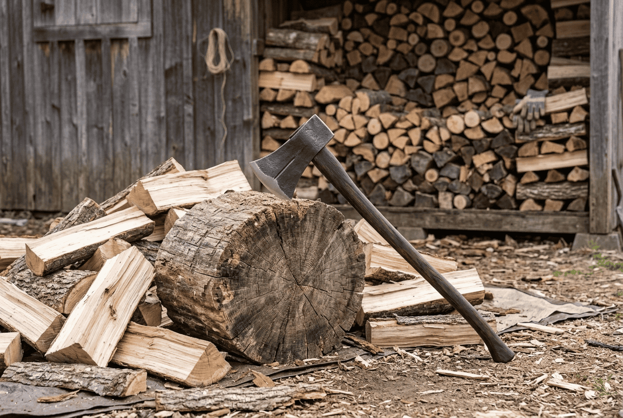 Splitting maul with a heavy wedge head and long handle beside split firewood