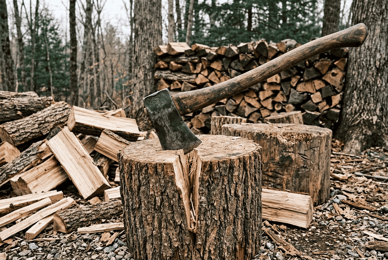 Splitting axe with a heavy wedge head sunk into an upright log round beside split firewood