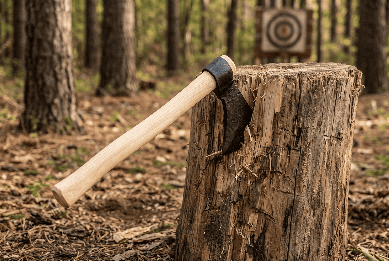 Tomahawk with a slender head and straight handle embedded in a wooden target stump