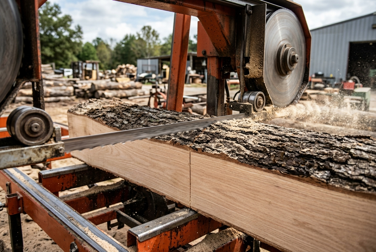 Portable bandsaw mill blade making a clean straight cut through a hardwood log
