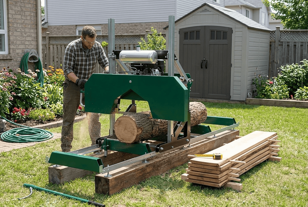 Woodland Mills HM126 entry-level portable bandsaw mill milling a log in a backyard
