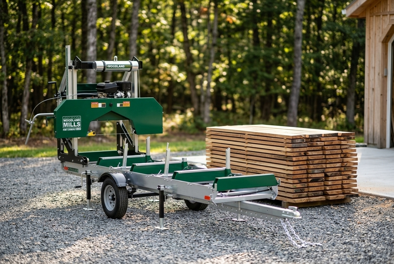 Woodland Mills HM130MAX portable bandsaw sawmill beside a stack of freshly milled hardwood boards