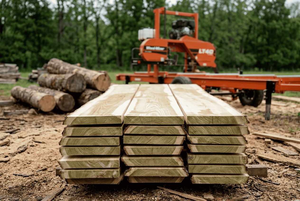 Stack of freshly cut green hardwood lumber beside an orange Wood-Mizer portable band sawmill
