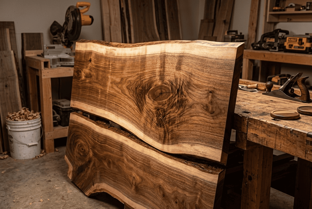 Kiln-dried live-edge black walnut slab in a woodworking shop