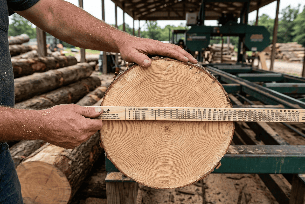 Sawyer using a log scale stick to measure the small-end diameter of a freshly cut hardwood log