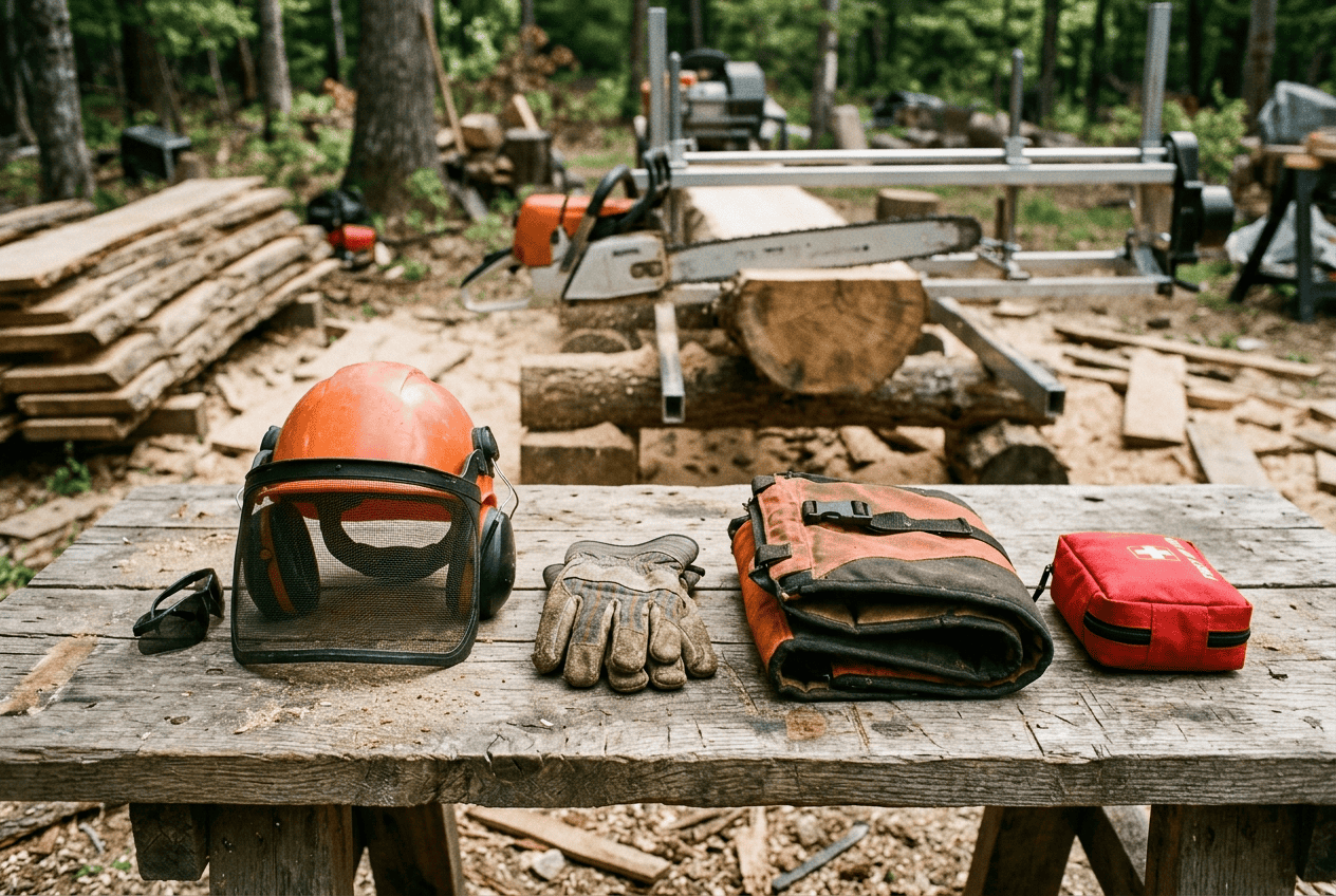 Chainsaw milling safety gear and first aid kit laid out on a workbench