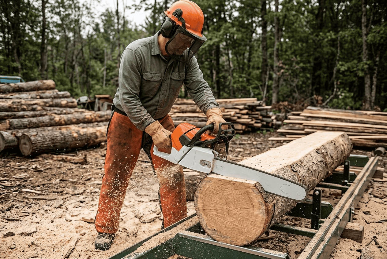 Sawmill operator in full PPE safely operating a chainsaw mill