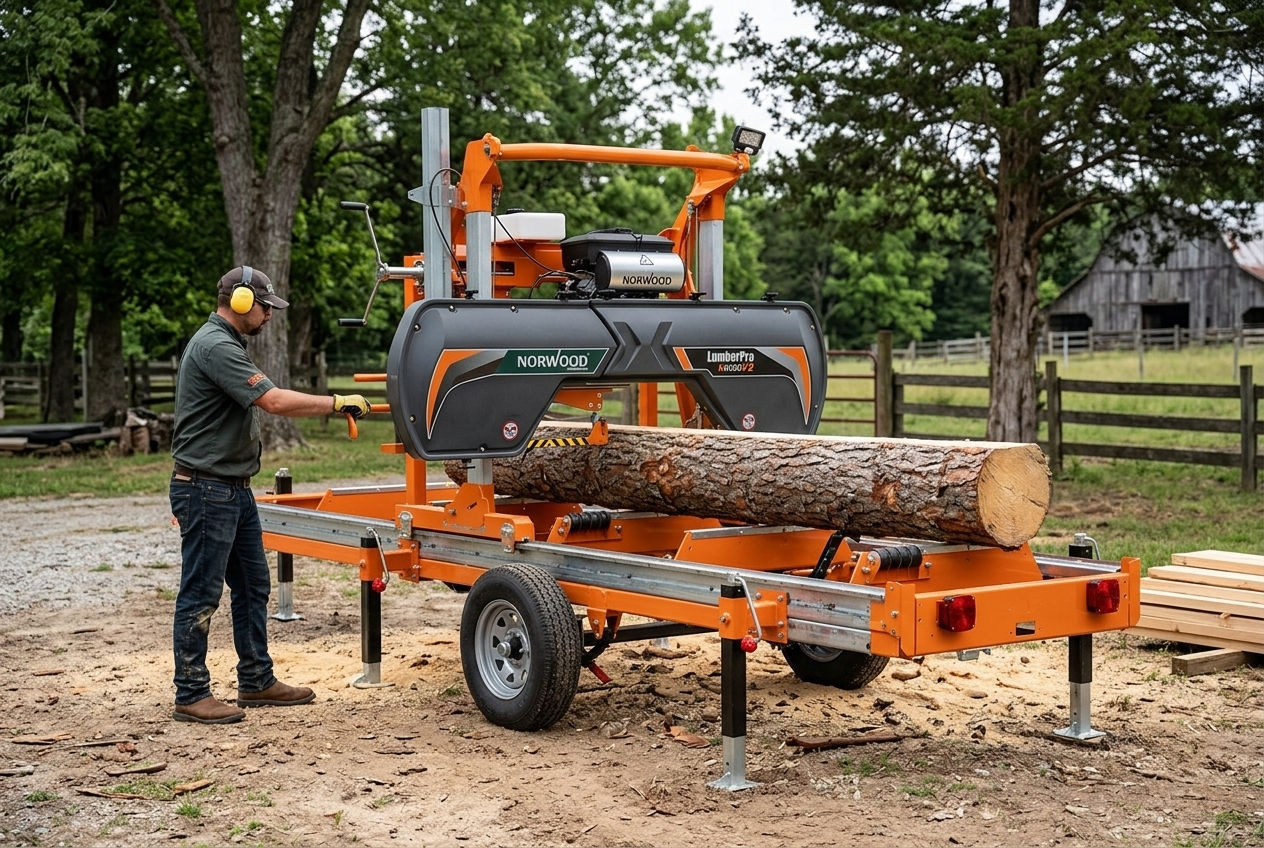 Manual Norwood portable bandsaw mill with a log loaded on the bed