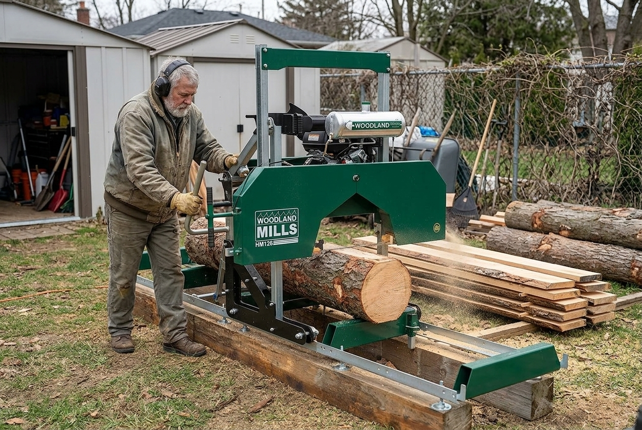 Operator milling a log into lumber on an entry-level Woodland Mills HM126 portable sawmill in a backyard