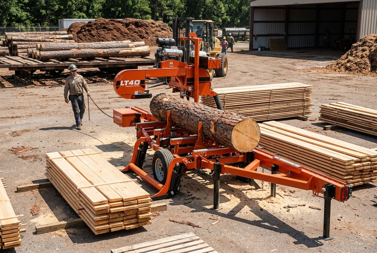Wood-Mizer LT40 hydraulic portable sawmill with powered log loading in a production yard
