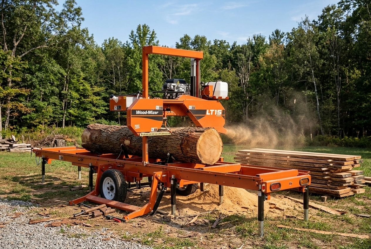 Wood-Mizer LT15 portable bandsaw sawmill milling a hardwood log outdoors with stacked fresh lumber